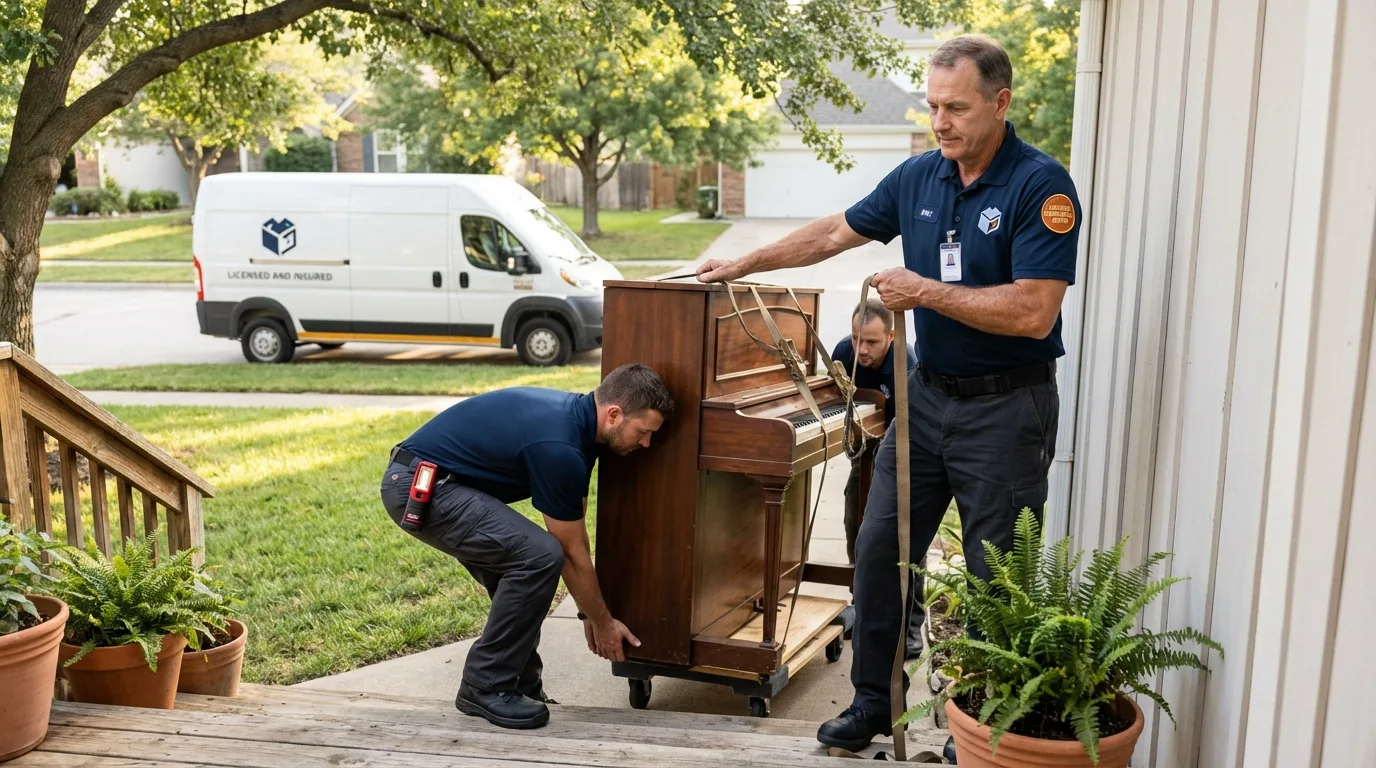 Licensed piano movers securing grand piano in Strasburg, VA