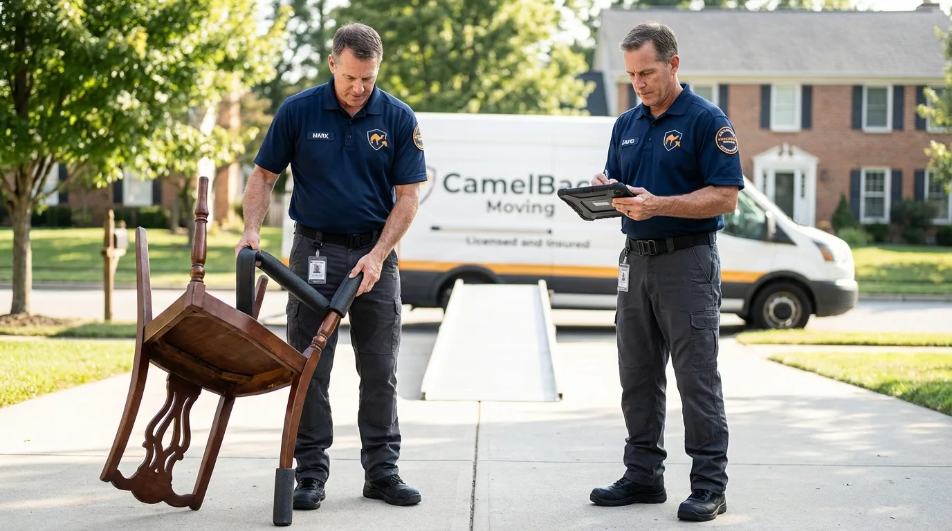 Movers inspecting furniture for damage prevention before loading in Strasburg, VA