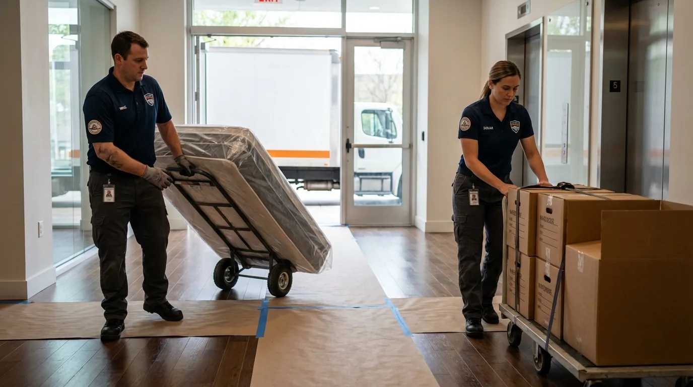 Professional apartment movers loading elevator in Strasburg, VA