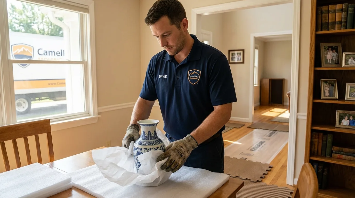 Professional crew carefully wrapping antique vase for senior downsizing move in Strasburg, VA